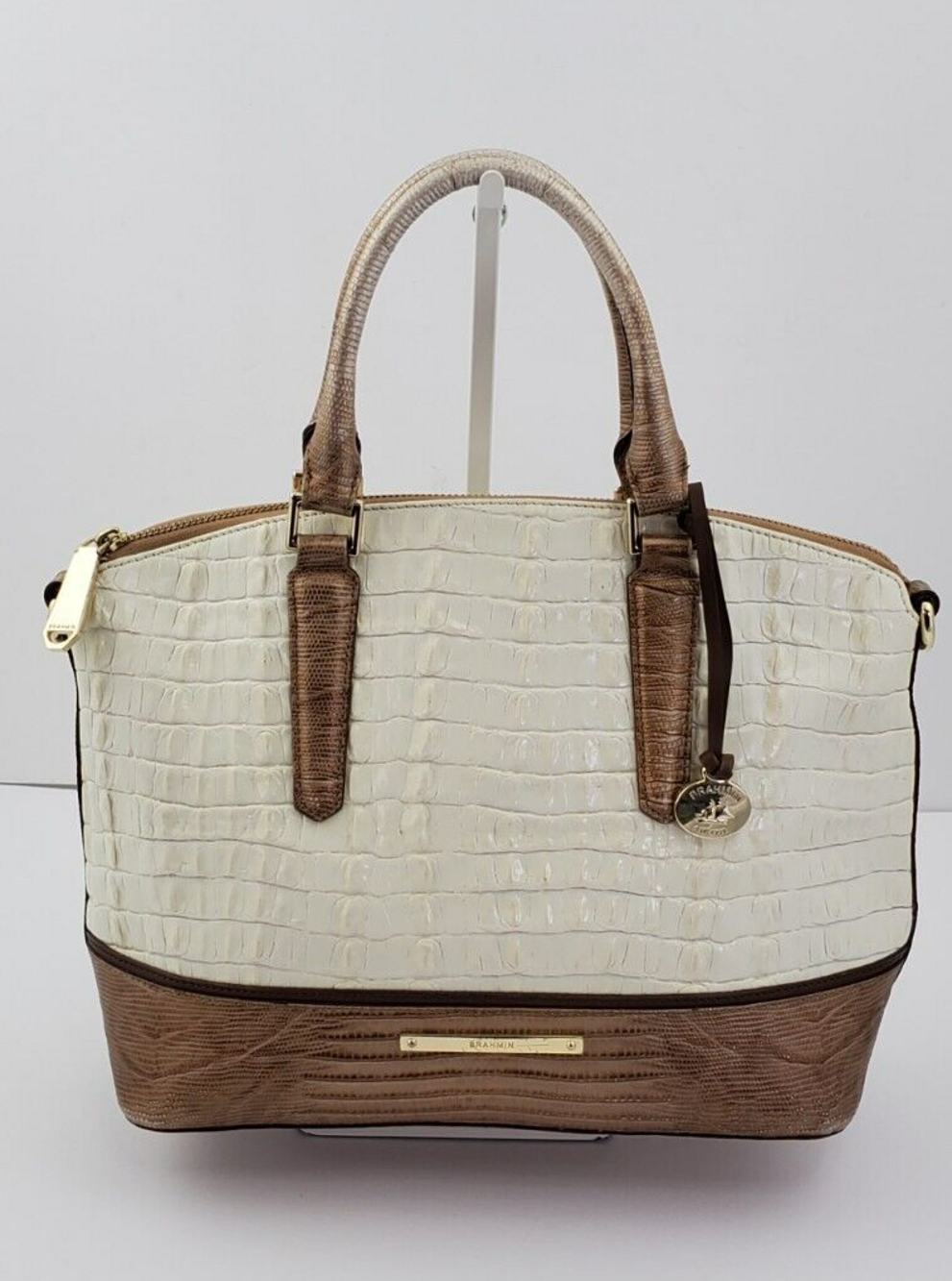 Brahmin Duxbury Used/Spots/No Strap Satchel Alabaster/Cashew Croc-Emboss Leather